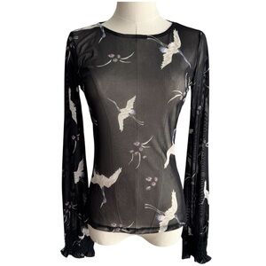 Vintage Y2K Sheer Long Sleeve Top Sz XS Black Tancho Cranes Birds Mesh Shirt EUC